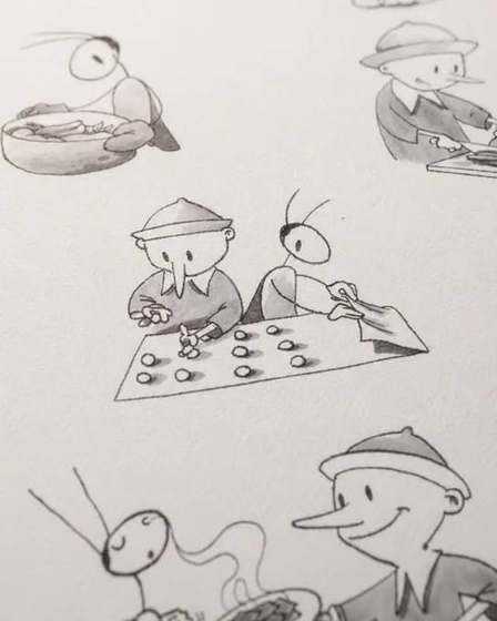 Illustrazioni a china e acquerello di Pinocchio e del Grillo che cucinano