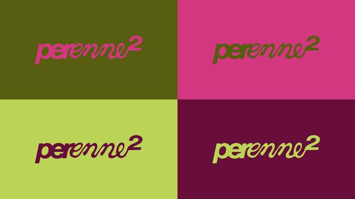 Il logo di Perenne² in quattro combinazioni di colore: magenta su oliva, oliva su magenta, vinaccia su lime, lime su vinaccia