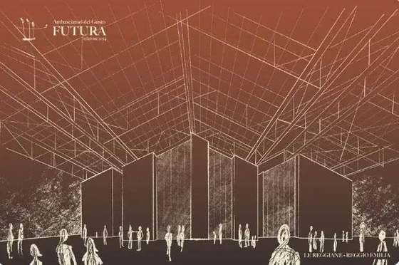 Le ex Officine Reggiane disegnate a mano con linee chiare su fondo ruggine