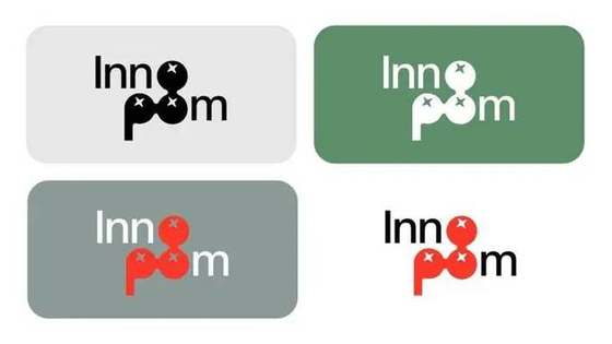 Il marchio Innopom in quattro versioni: nero su grigio chiaro, bianco su verde, rosso e bianco su grigio verde, rosso e nero su bianco