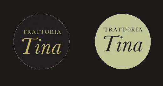 I due badge rotondi di Trattoria Tina, nero e salvia