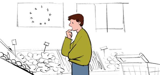 Fotogramma a matita: un uomo al supermercato guarda la frutta