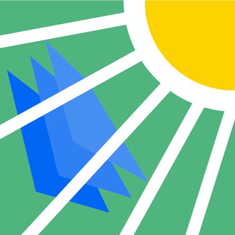 Il marchio di Agrivolt-er: il sole giallo, i raggi bianchi, i campi verdi e i pannelli blu