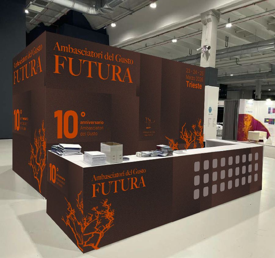 Il render del desk di accoglienza di Futura, con i rami color ruggine e il logo dei dieci anni