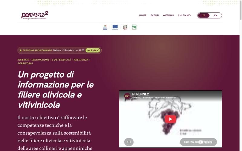 La home di perenne2.it: un progetto di informazione per le filiere olivicola e vitivinicola, con il prossimo appuntamento in evidenza