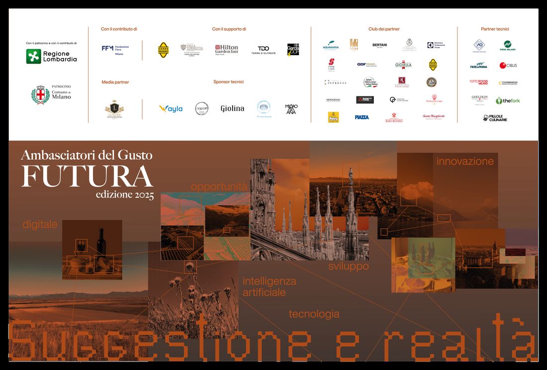Il backdrop di Futura 2025 con le parole digitale, opportunità, sviluppo, intelligenza artificiale, tecnologia, innovazione e i loghi dei partner