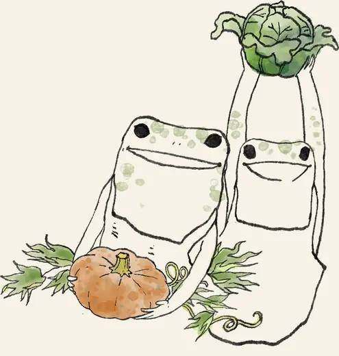 Due rane con una zucca e un cavolo dell'orto