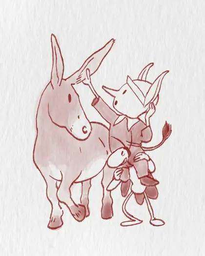 Illustrazione: Pinocchio con le orecchie d'asino accanto a un asinello