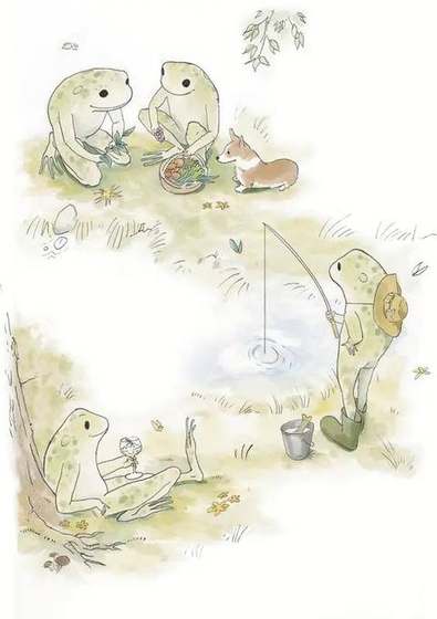 Illustrazione ad acquerello: rane che fanno un picnic, pescano in uno stagno e si riposano nel bosco