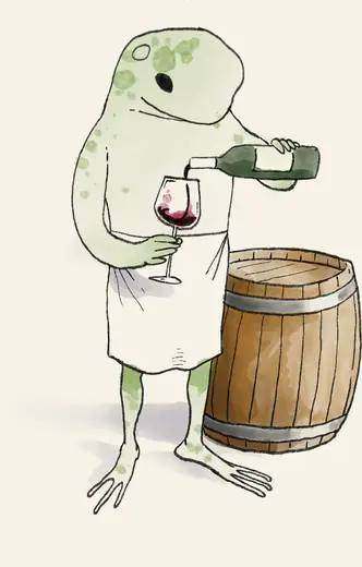 La rana sommelier versa il vino accanto a una botte