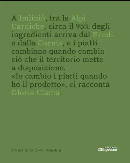 Testo su fondo verde: a Indiniò circa il 95% degli ingredienti arriva dal Friuli e dalla Carnia