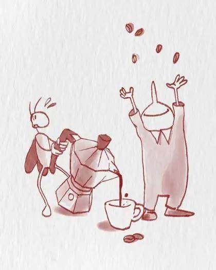 Illustrazione: il Grillo versa il caffè dalla moka mentre Pinocchio lancia i chicchi